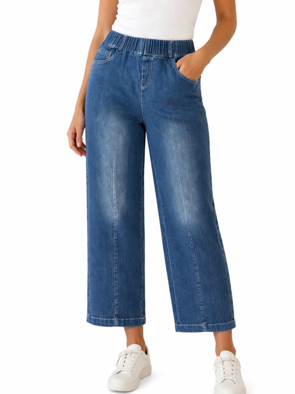 Pull-On Denim Pants Wide Leg Cropped Elastic Waist Ankle Length Medium